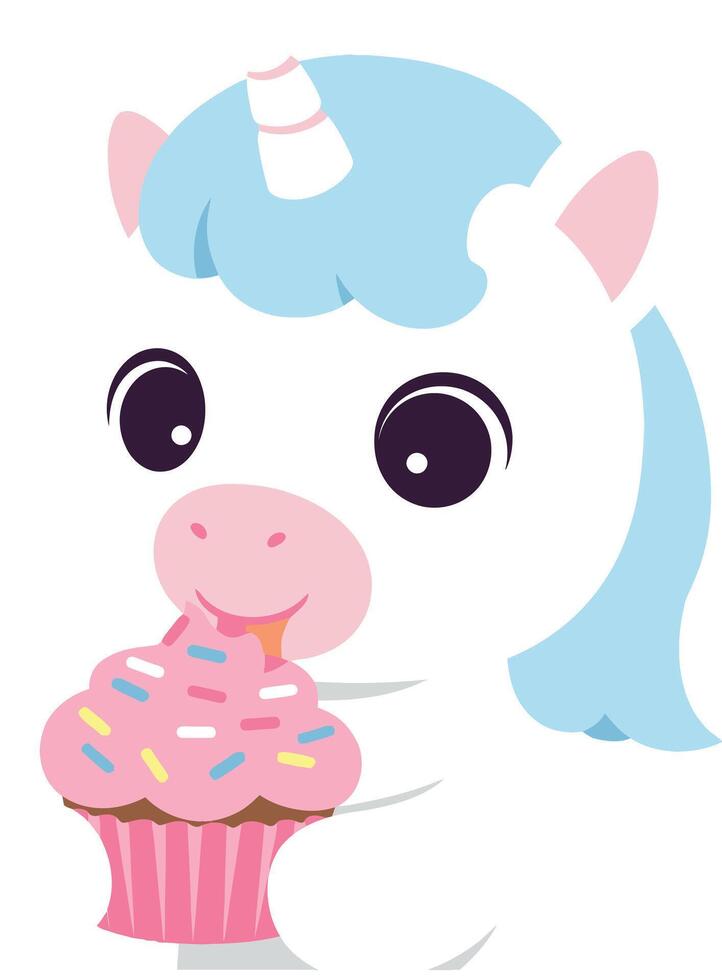 Cute unicorn character holding pink cupcake with sprinkles illustration vector