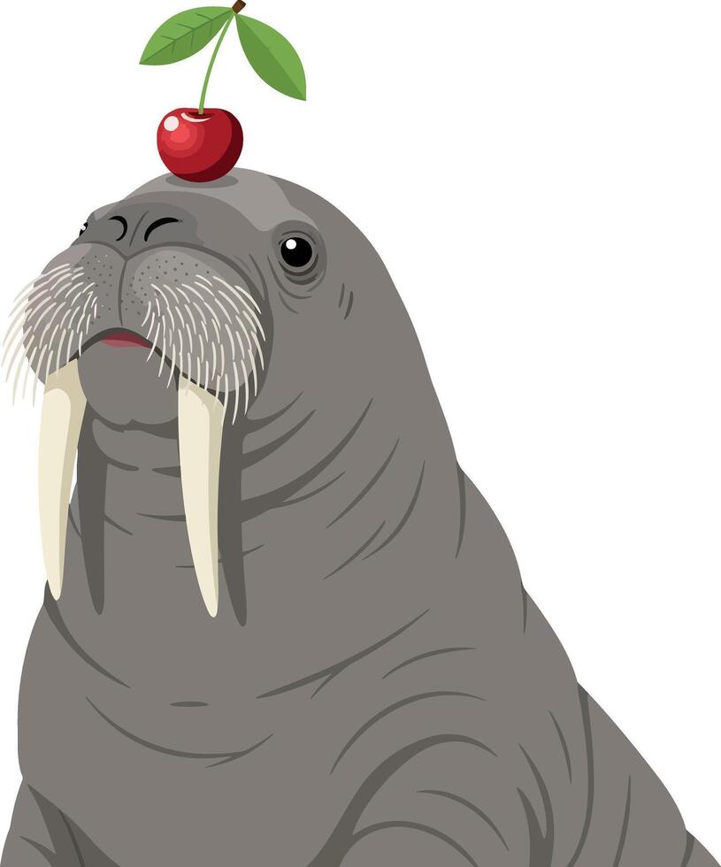 Walrus with Cherry on Head Illustration in Minimalist Style vector