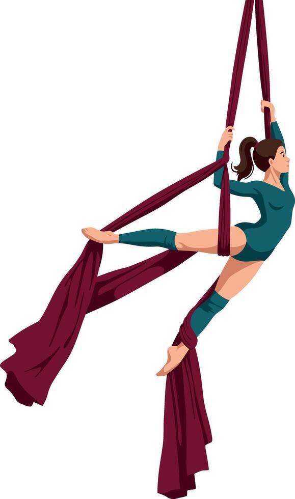 Aerial silk acrobat performing elegant pose with burgundy fabric in dynamic aerial dance vector