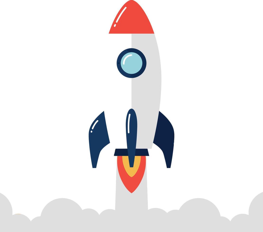 Rocket launching with smoke and fire in flat illustration style vector
