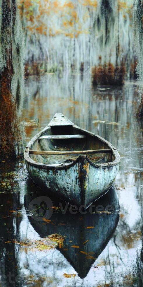 Canoe rests quietly in tranquil swamp waters photo