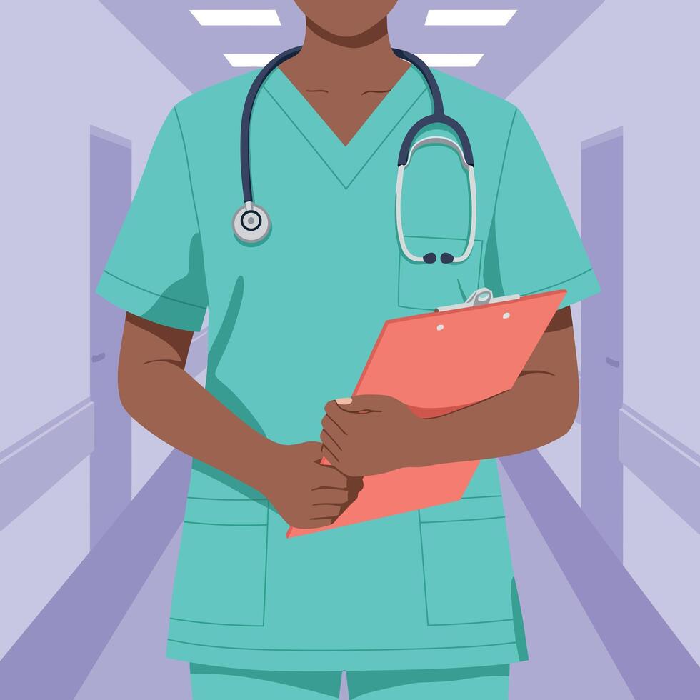 Medical professional in green scrubs holding clipboard and stethoscope in hospital corridor vector
