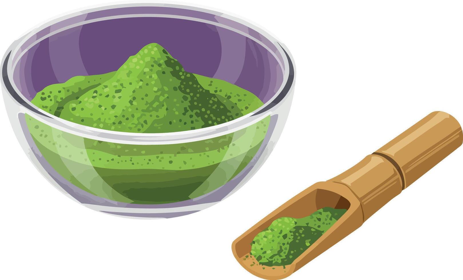 Matcha green tea powder in glass bowl with bamboo scoop natural healthy ingredient illustration vector