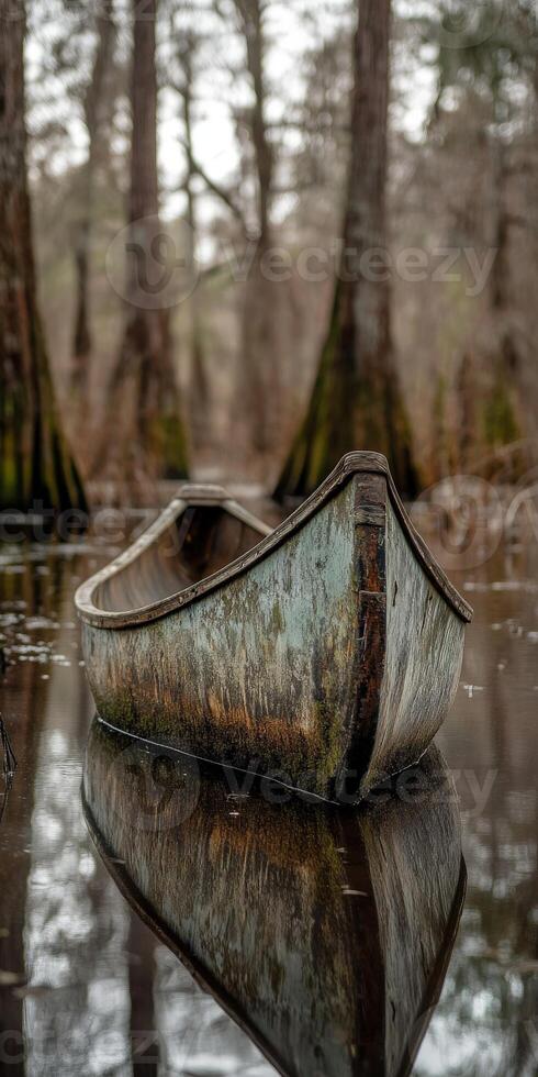 Abandoned boat resting in a tranquil swamp photo