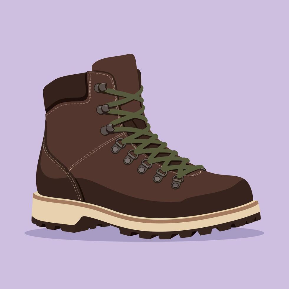 Brown Hiking Boot with Green Laces on Light Purple Background Illustration vector