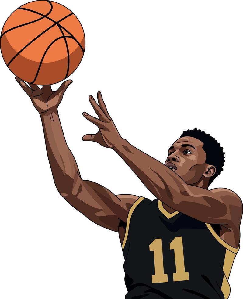 Basketball player shooting ball in black and gold uniform illustration vector