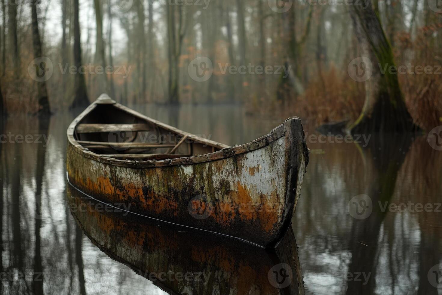 Lonely canoe floats in calm misty waters of swamp photo