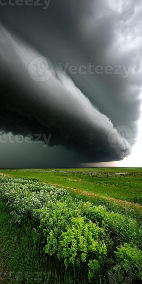 Dark storm clouds gathering over a vibrant green field photo