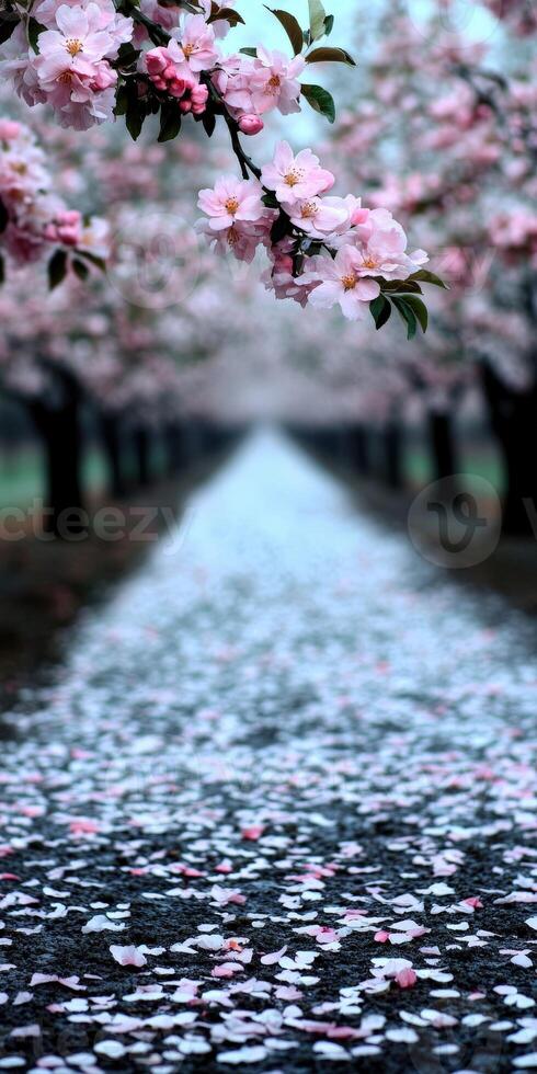 Blossoming cherry trees lining a tranquil spring path photo