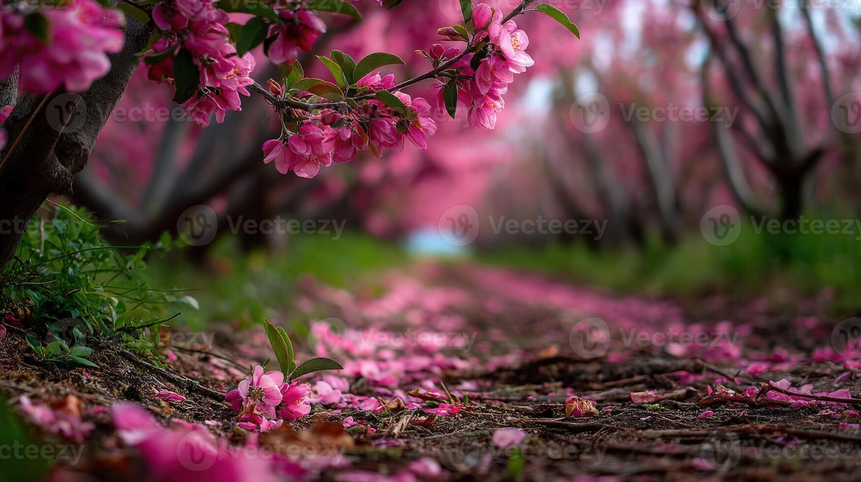 Blossoming cherry trees in a serene spring path photo