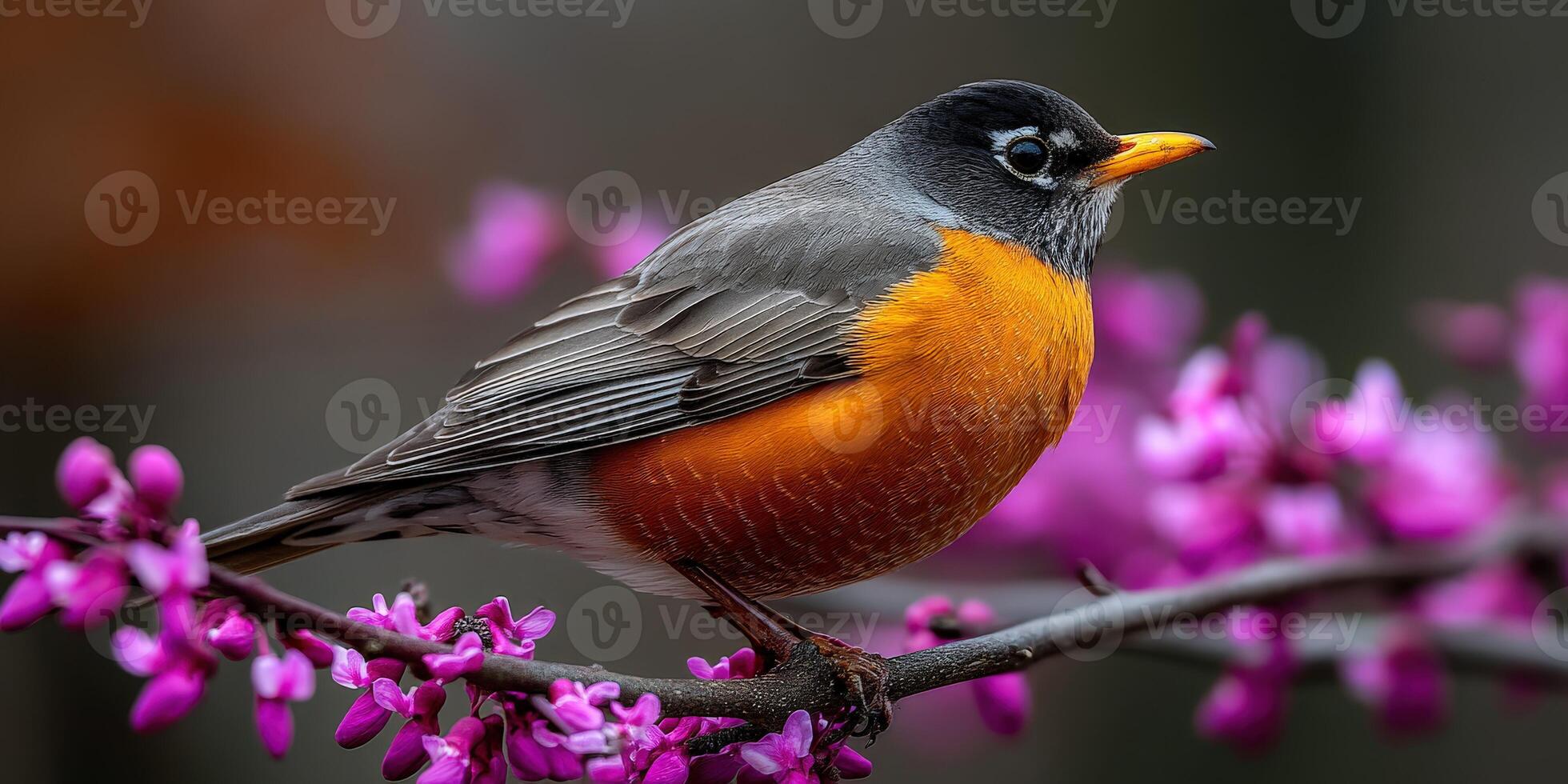 Vibrant robin perched on blooming spring branch photo