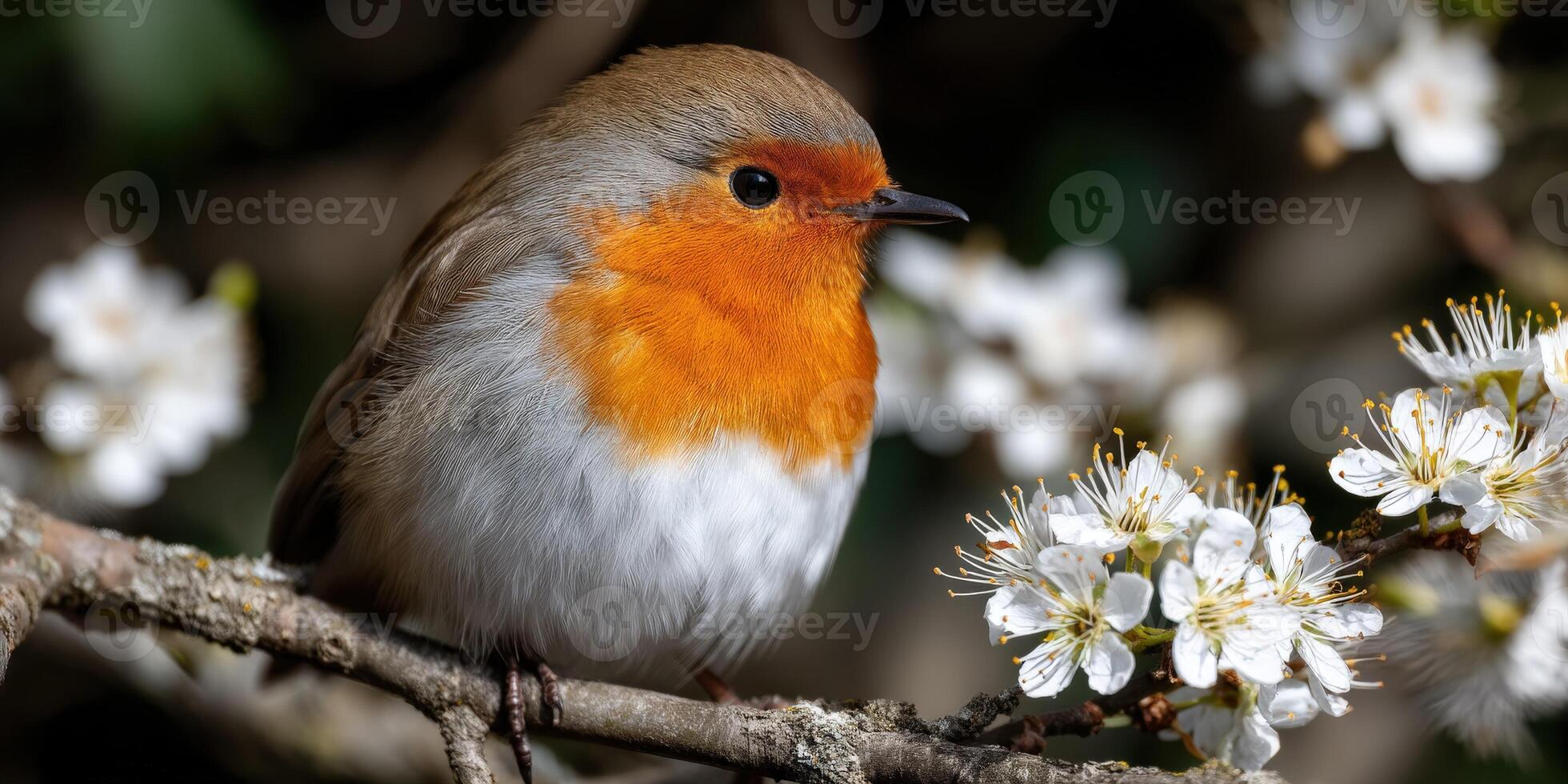 A small bird sitting on a branch with flowers photo