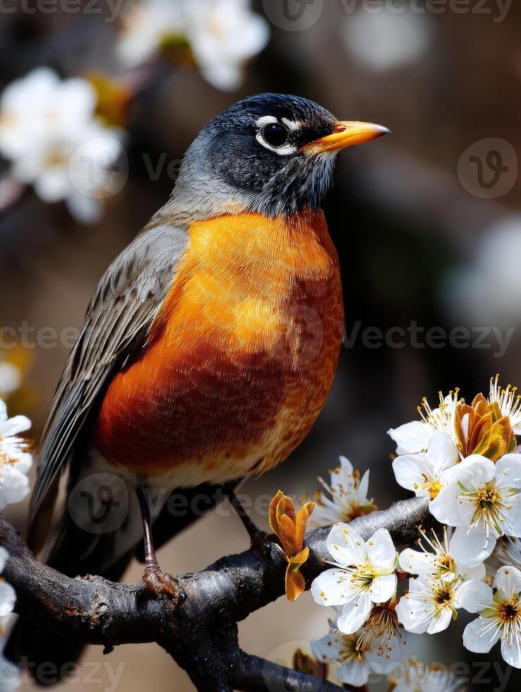 Robin perched on blossoms during springtime day photo