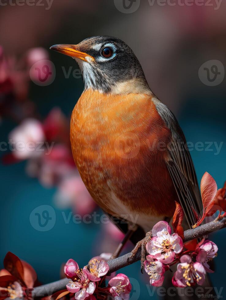 Robin perched among spring blossoms in bright colors photo