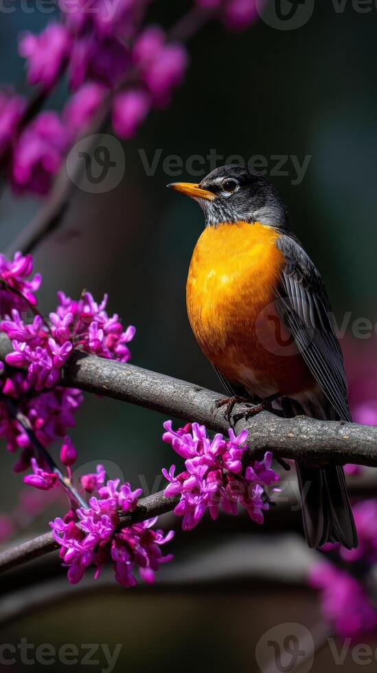 Colorful robin perched on blooming spring branch photo