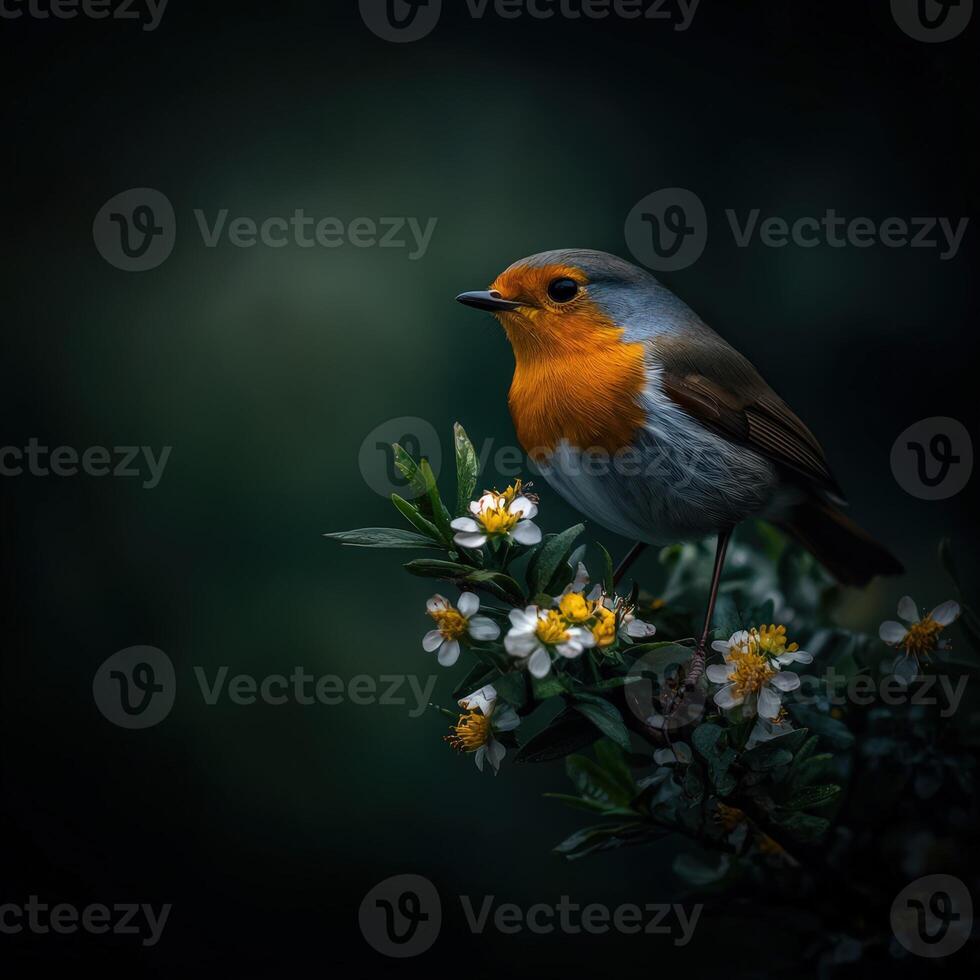 Robin sits on blooming branch at spring fest photo