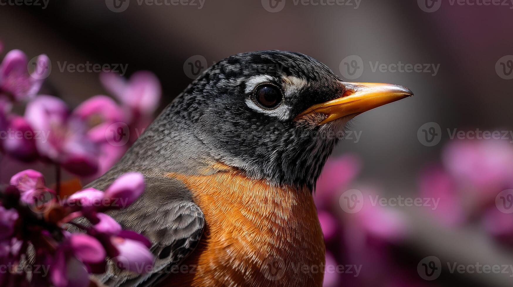 A bird is perched on a branch of a tree with purple flowers photo