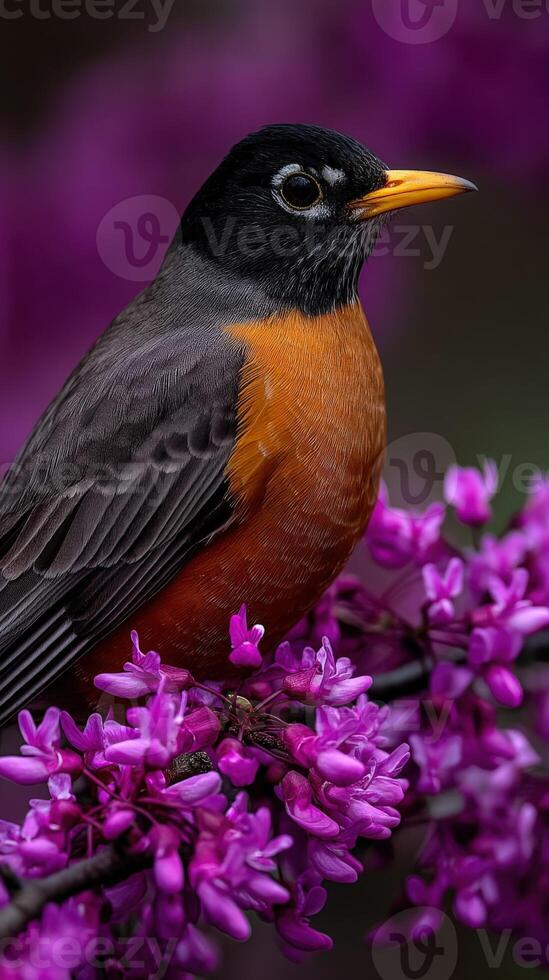 Robin perched on vibrant spring flowers in bloom photo