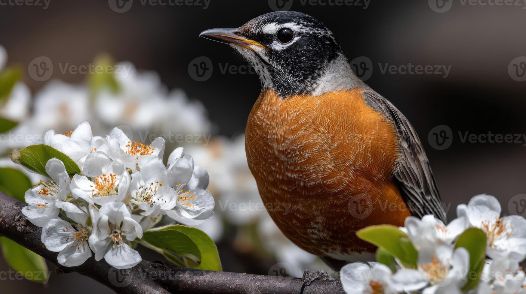 Robin perched on blooming branch during springtime photo