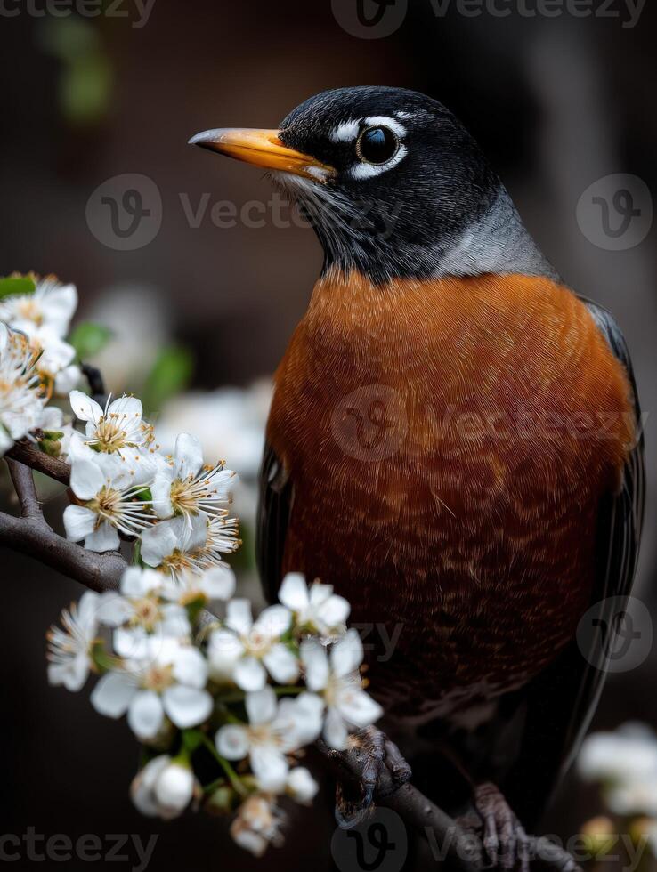 Robin perched on flowering branch during spring season photo