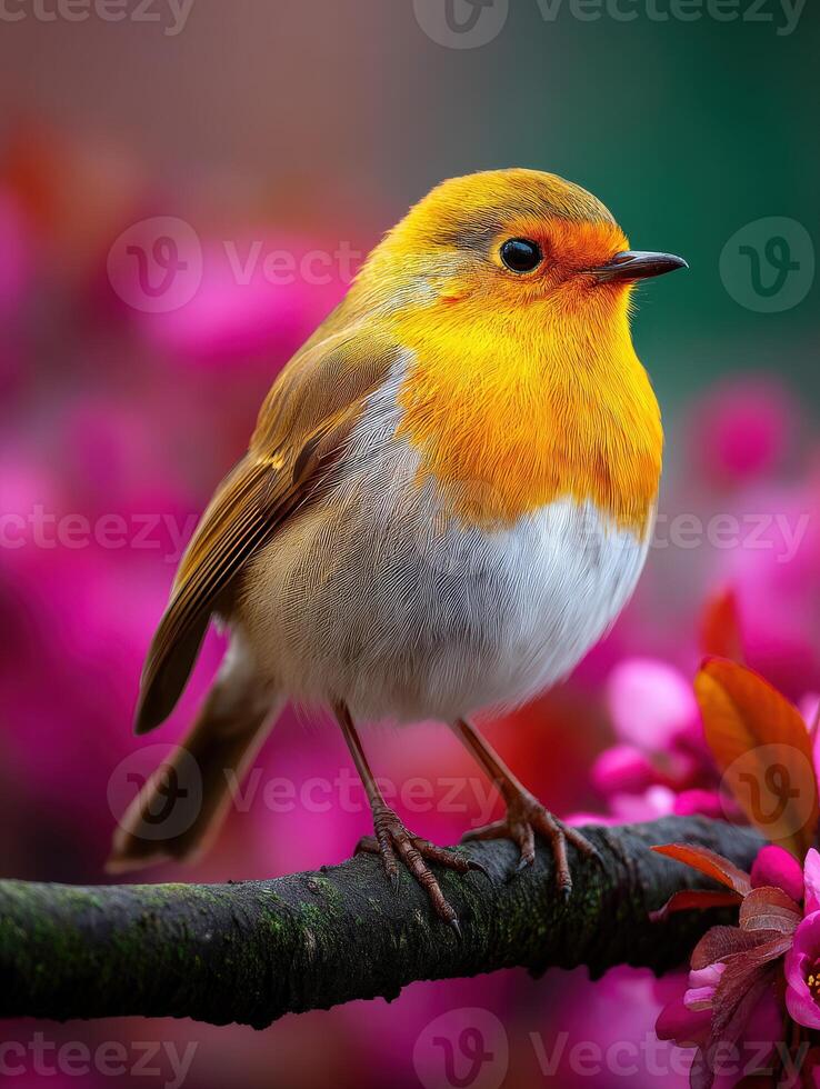 Robin sits on a branch with spring flowers photo