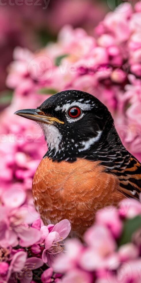 A bird is sitting on a pink flower photo