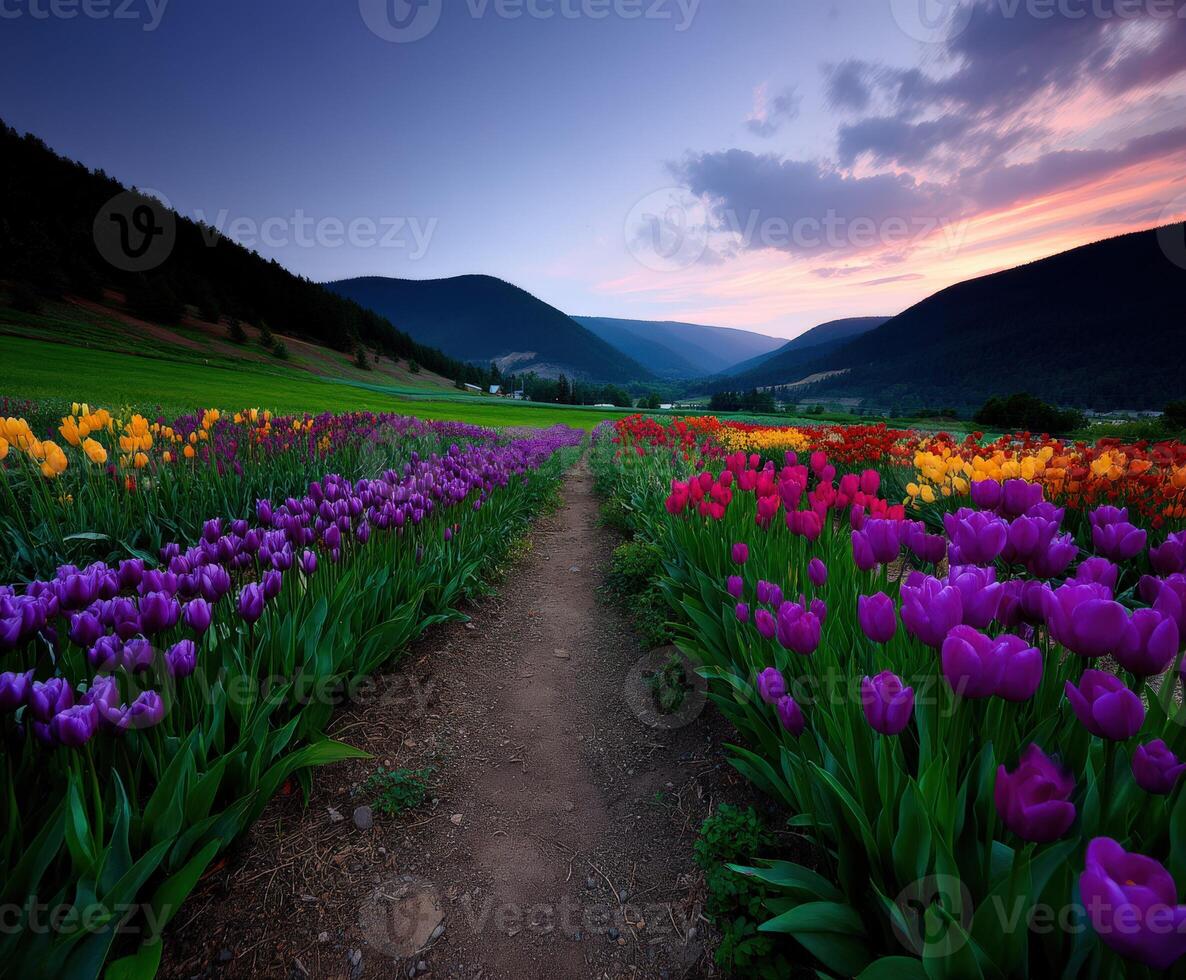 Colorful tulip field at dusk in springtime scenery photo