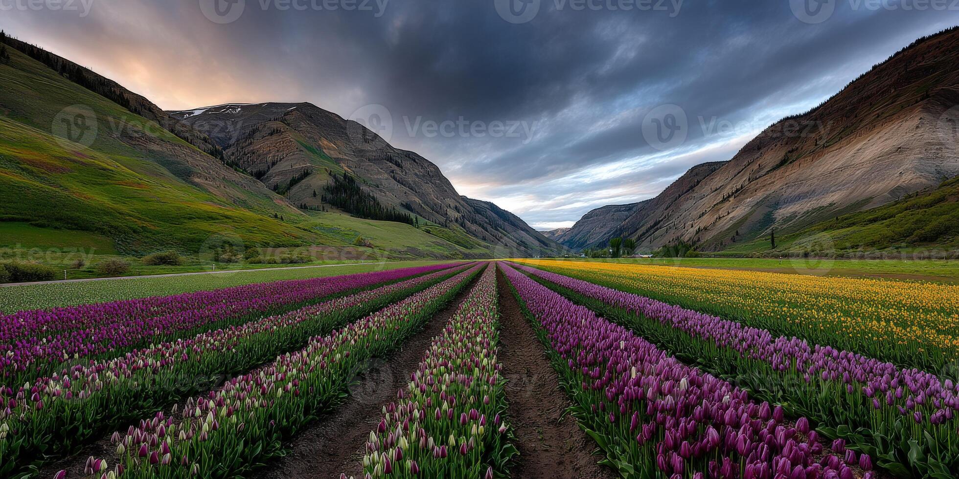 Vibrant tulip fields in spring mountains photo