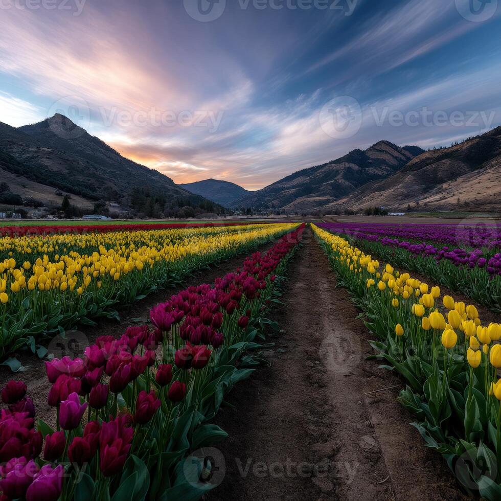 Colorful tulip fields bloom in spring under a sunset photo