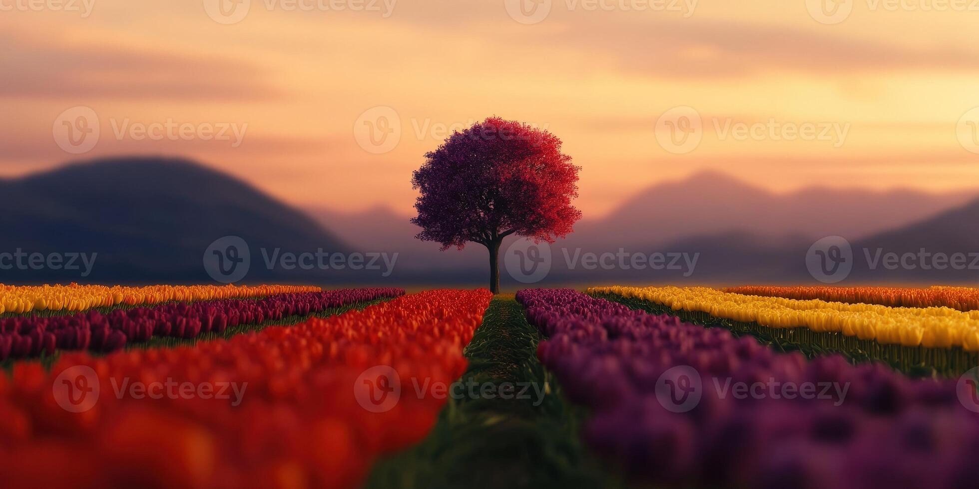Colorful tulip fields bloom under a spring sunset photo
