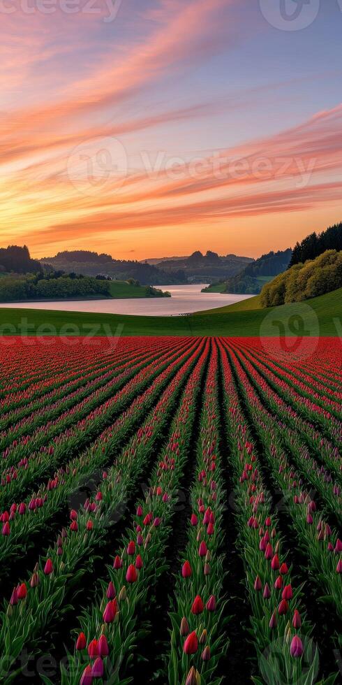 Vibrant tulip fields bloom under a colorful spring sky photo
