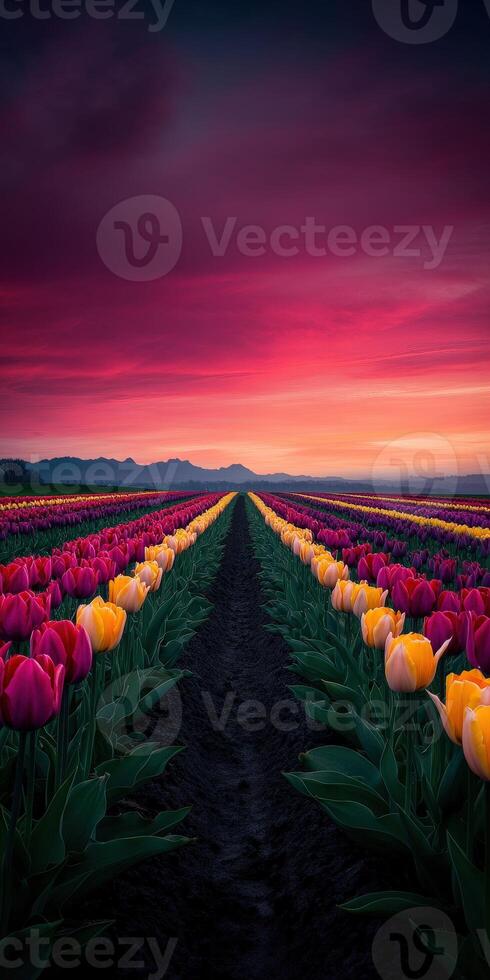 Colorful tulip field at sunset in spring season photo