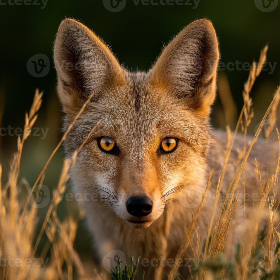 A fox is looking at the camera in the grass photo
