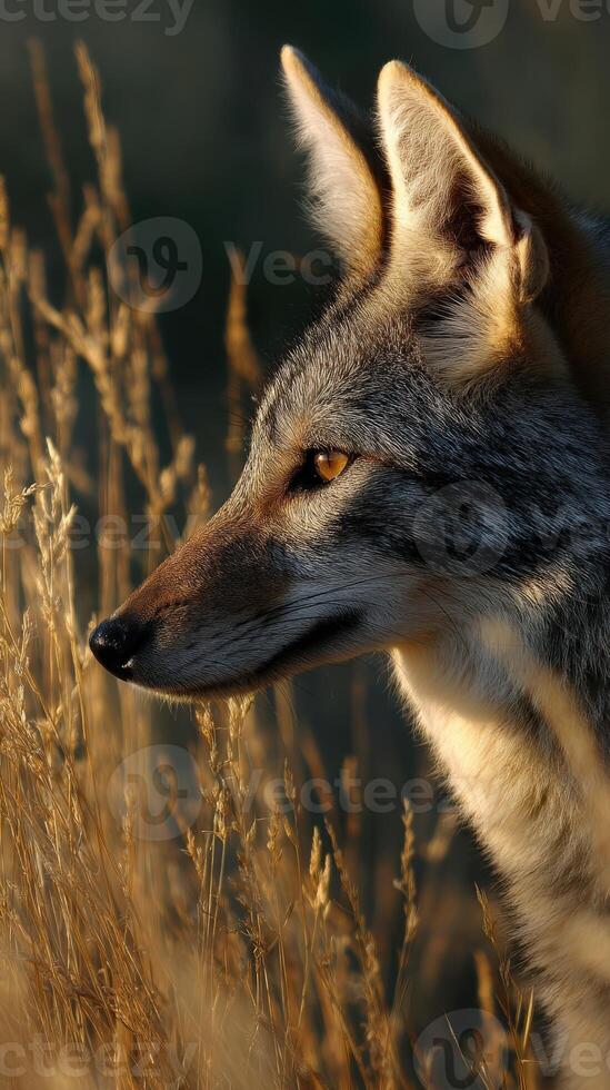 A coyote is standing in tall grass photo