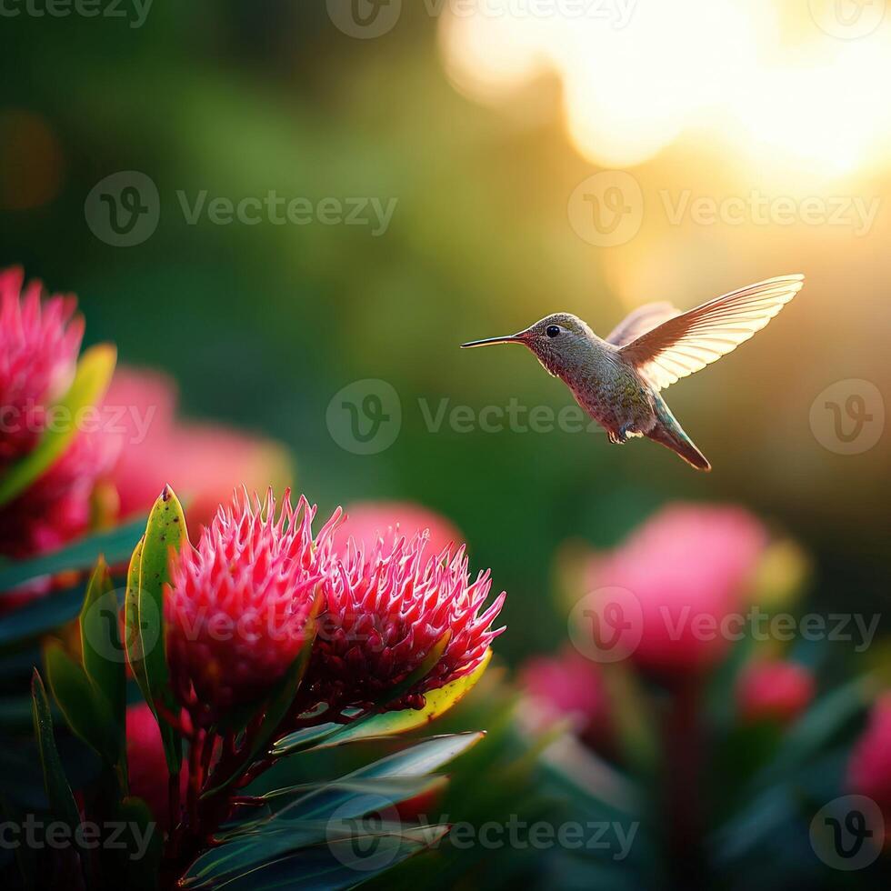 A hummingbird flying over pink flowers with the sun in the background photo