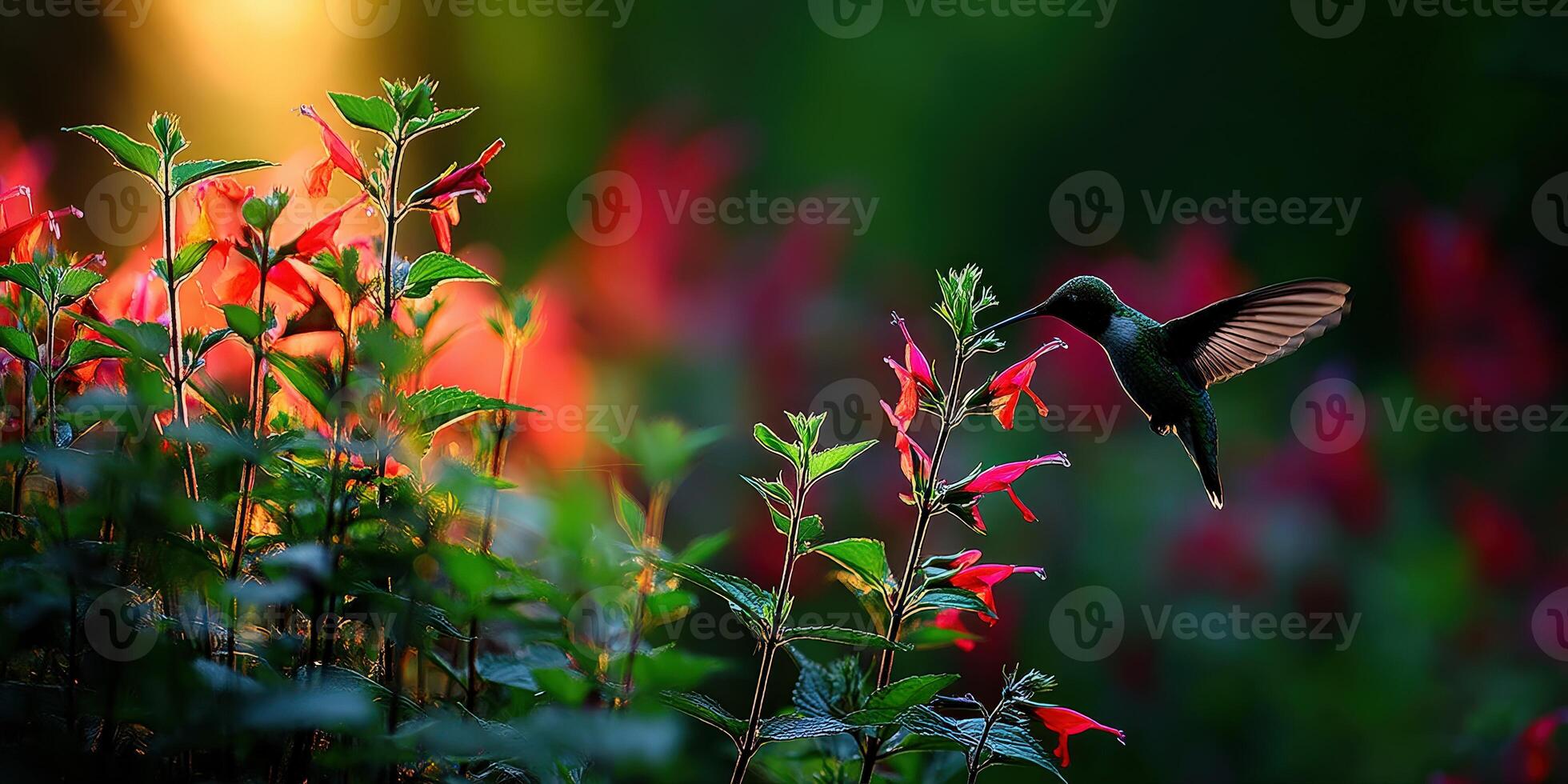 A hummingbird flying over a flower with red and green leaves photo
