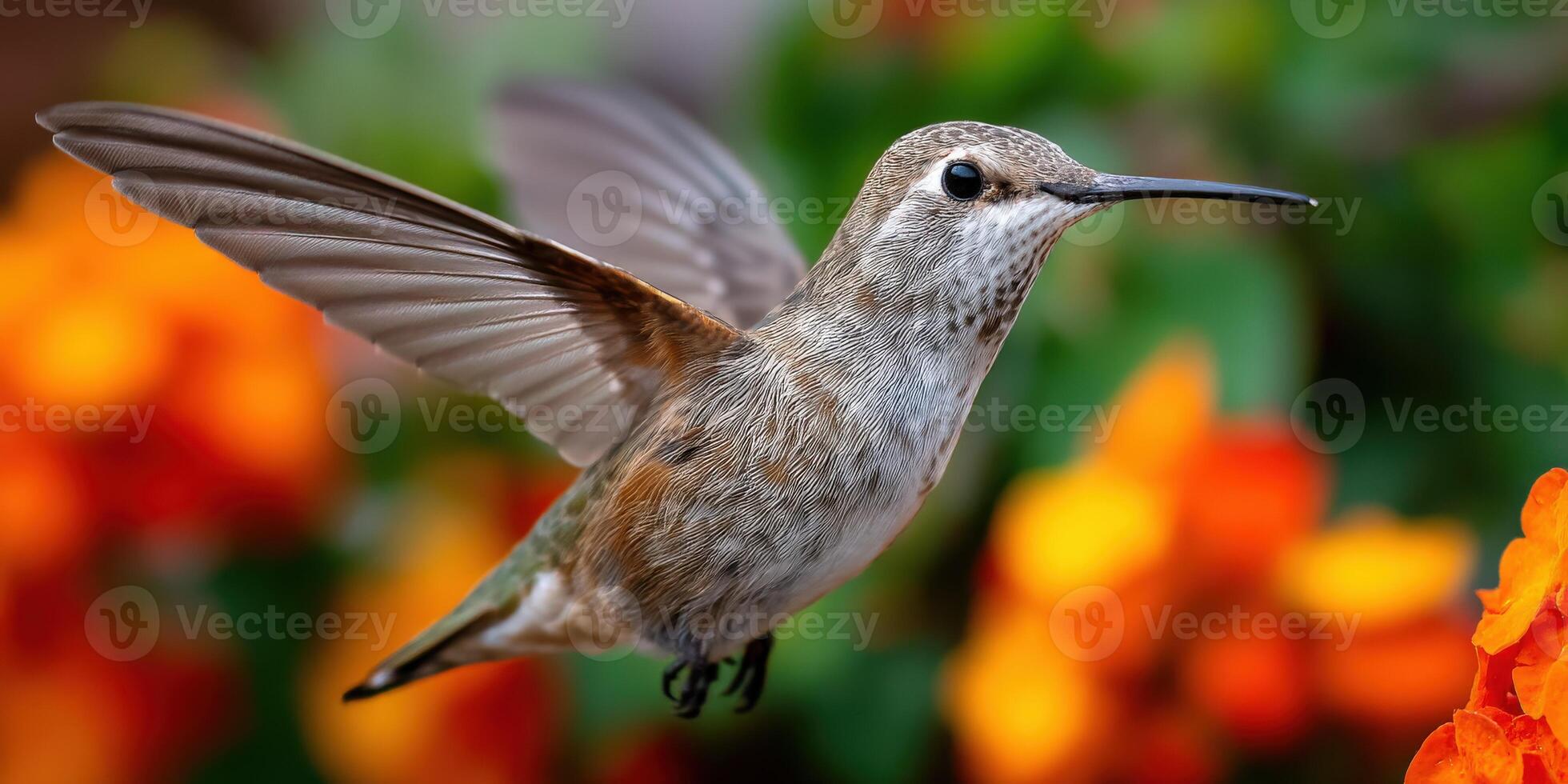 Hummingbird in flight with flowers in background photo