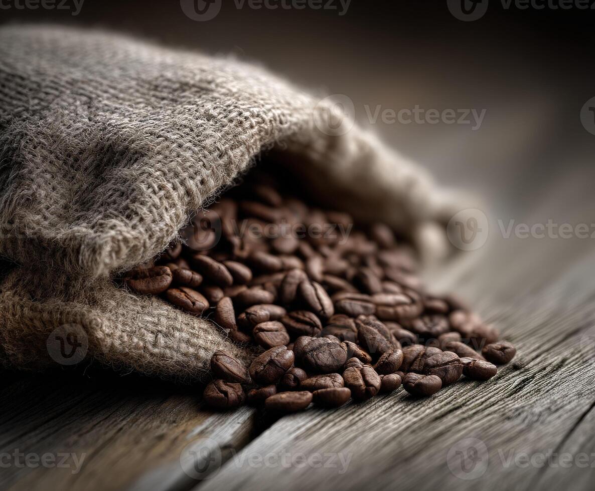 Coffee beans in a sack on a wooden table photo