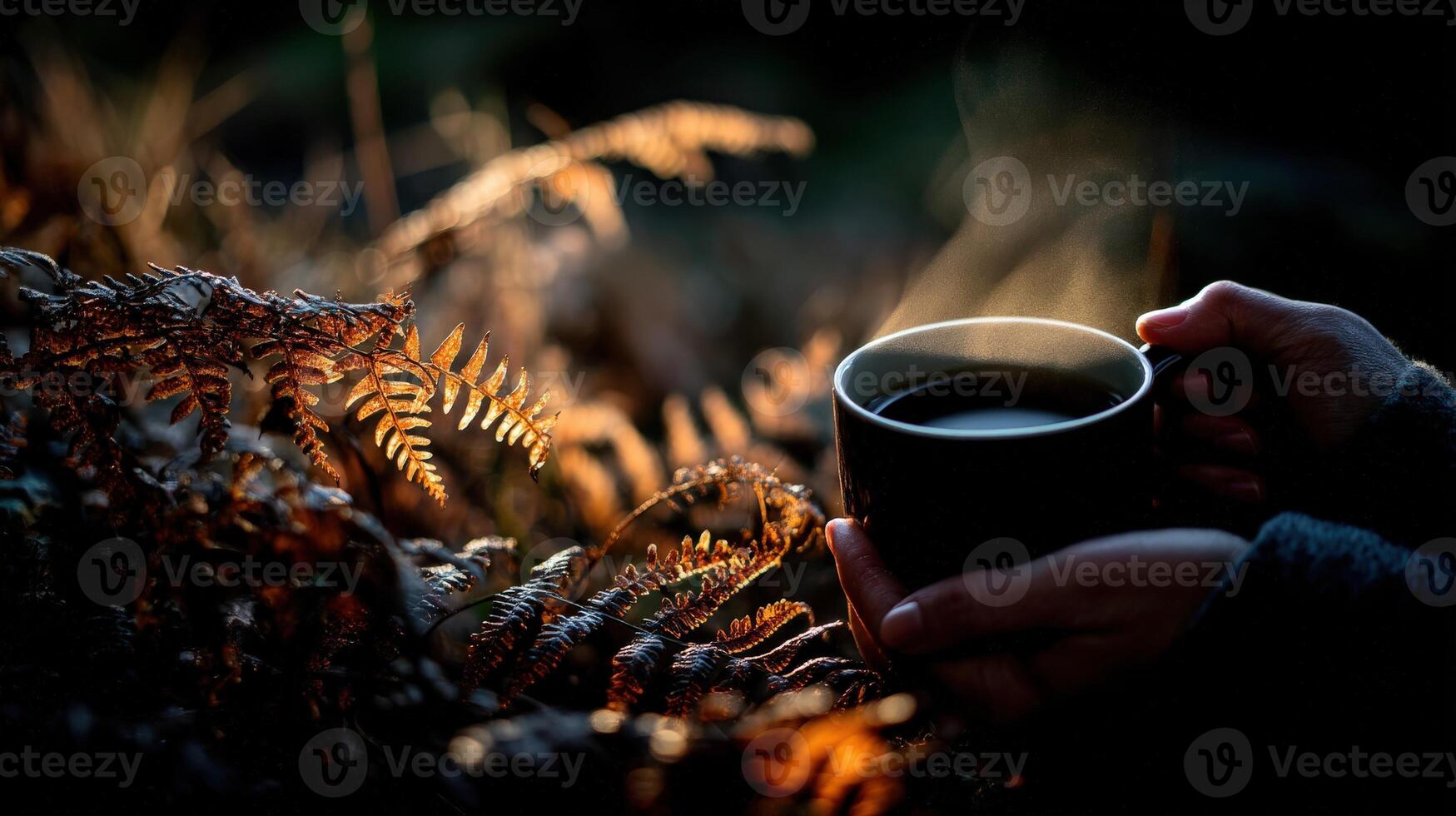 A person holding a cup of coffee in front of ferns photo