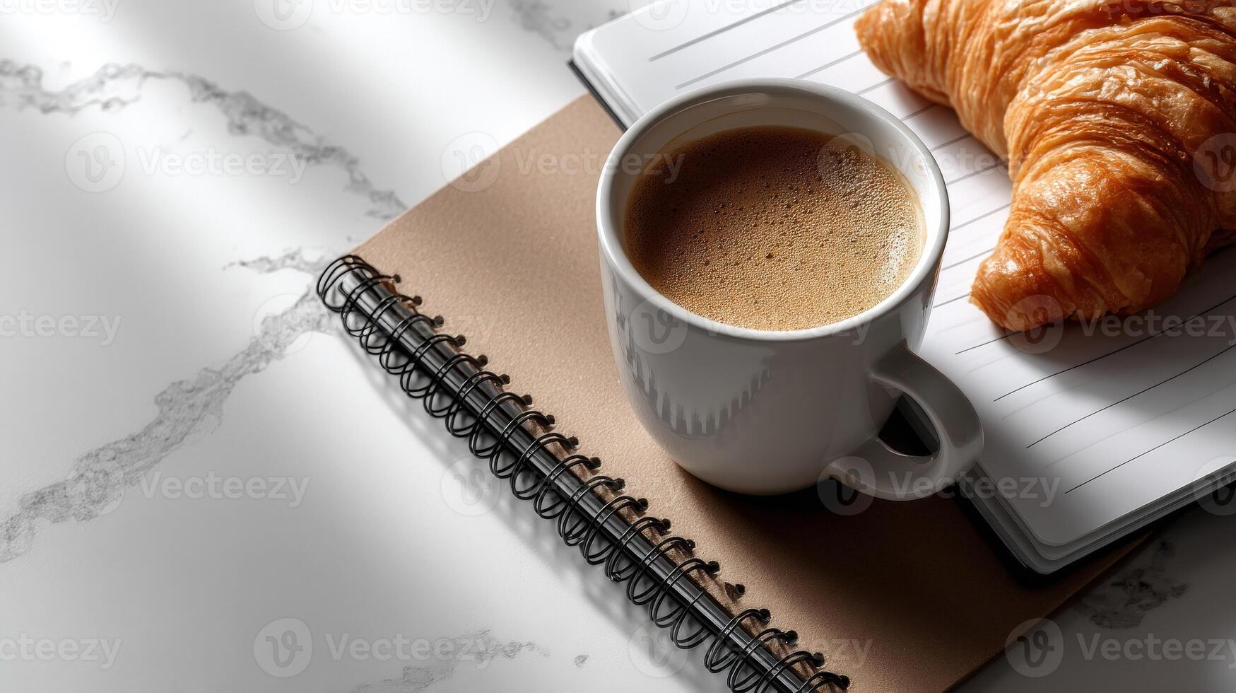 Coffee and croissant on notebook and notepad photo