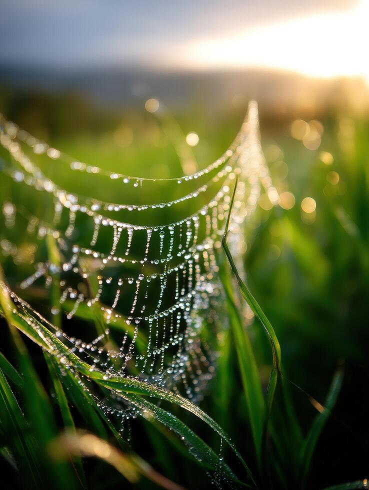 A spider web covered in dew in the grass photo