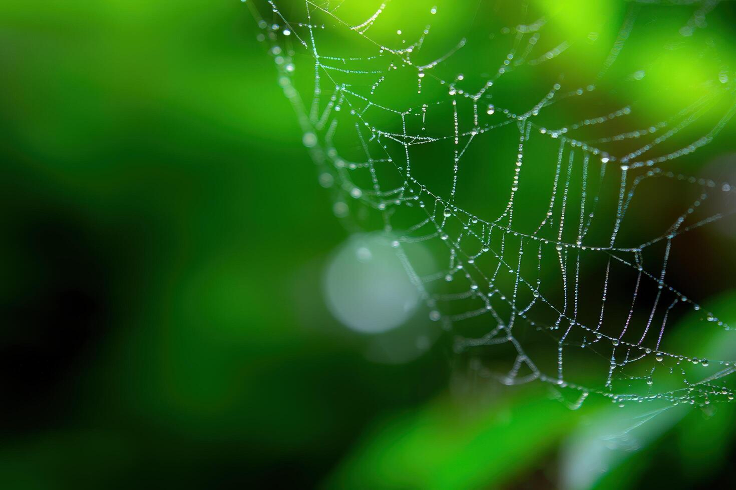 A spider web is shown in front of green leaves photo