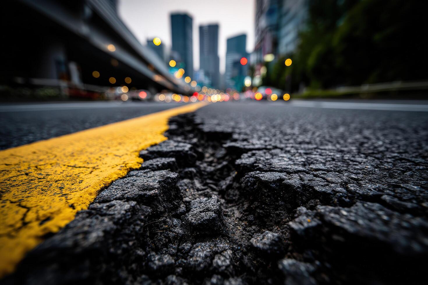 A crack in the road is shown in the middle of a city photo