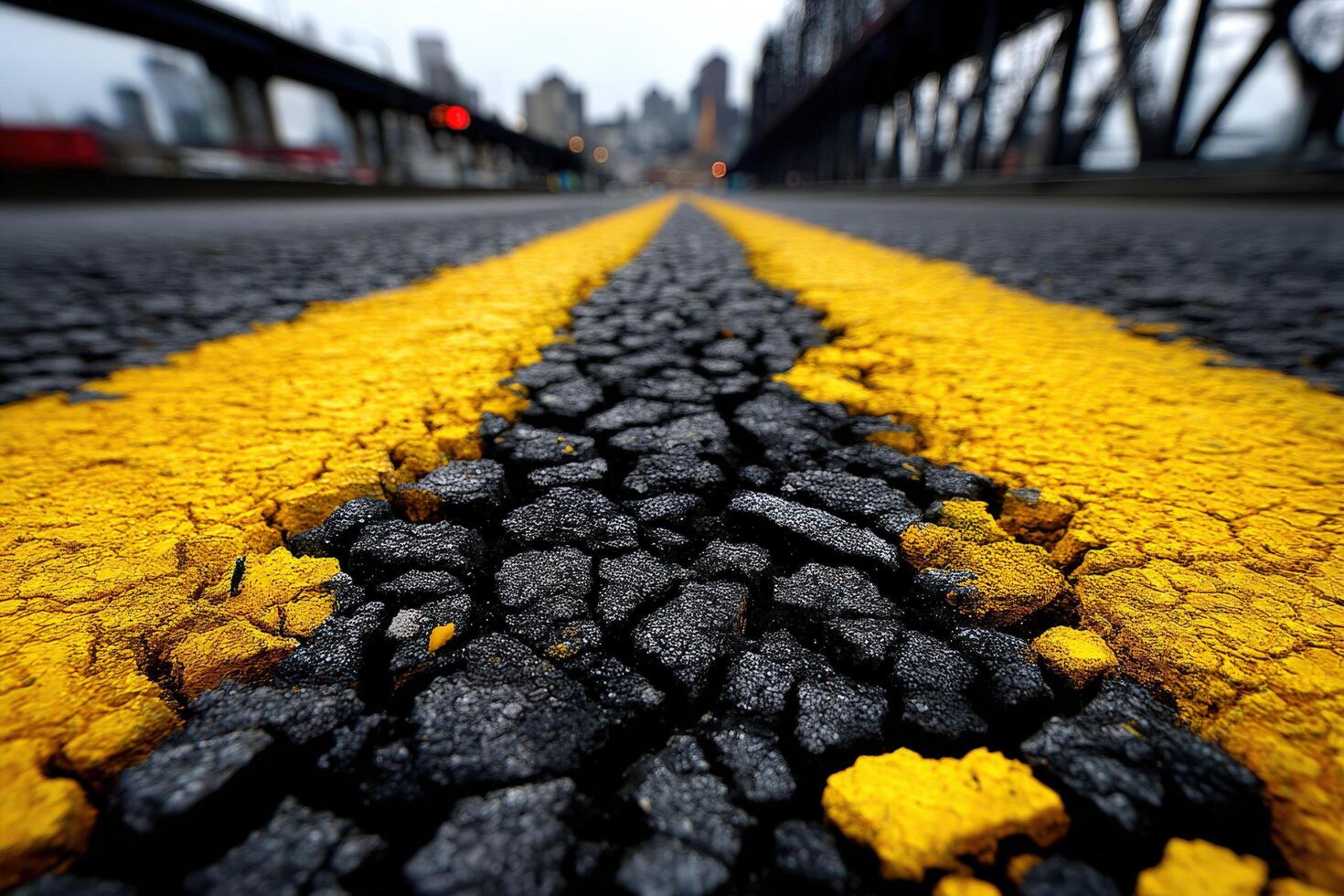 A close up of a road with yellow paint photo
