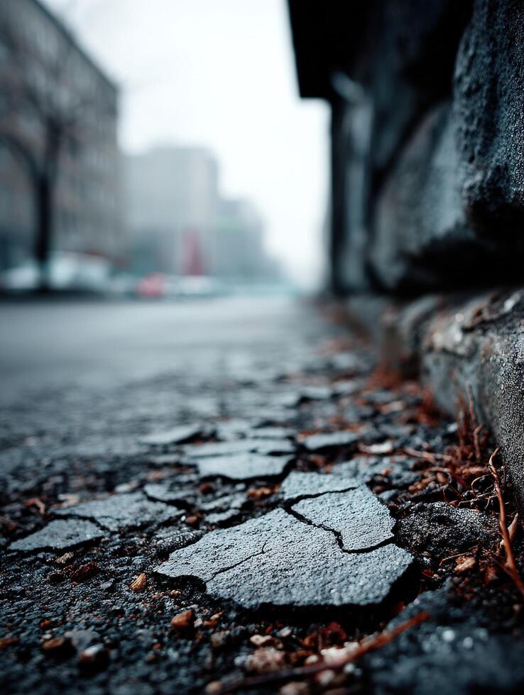 A close up of a cracked pavement on a street photo