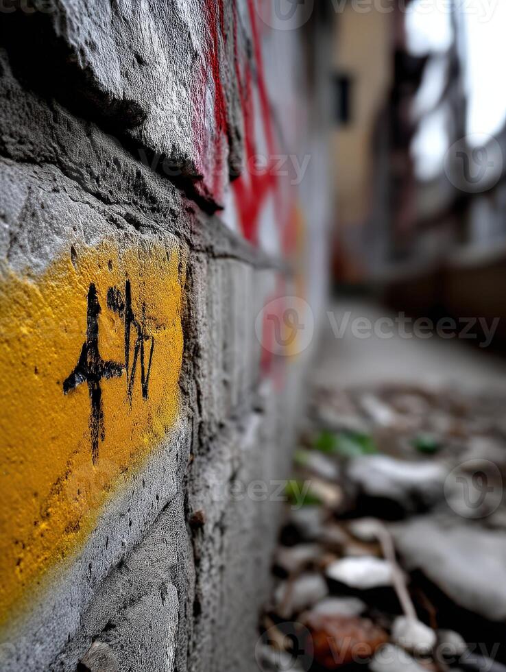 A yellow and black graffiti on a brick wall photo