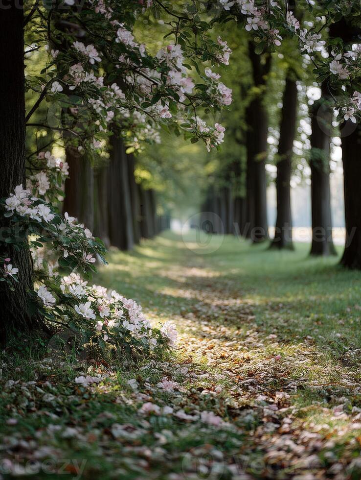 A path lined with trees and flowers photo