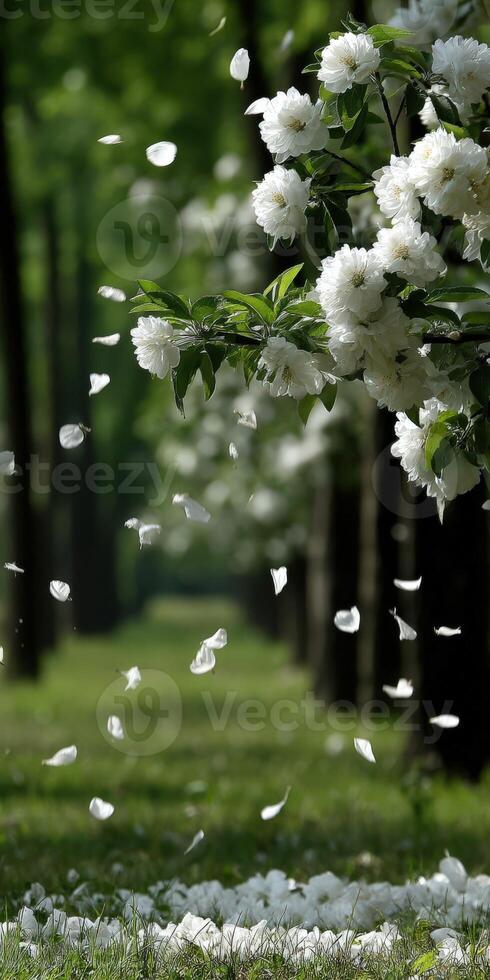 White flowers are blowing in the wind near a tree photo