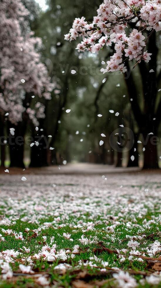 Cherry blossoms are falling from the trees in a park photo