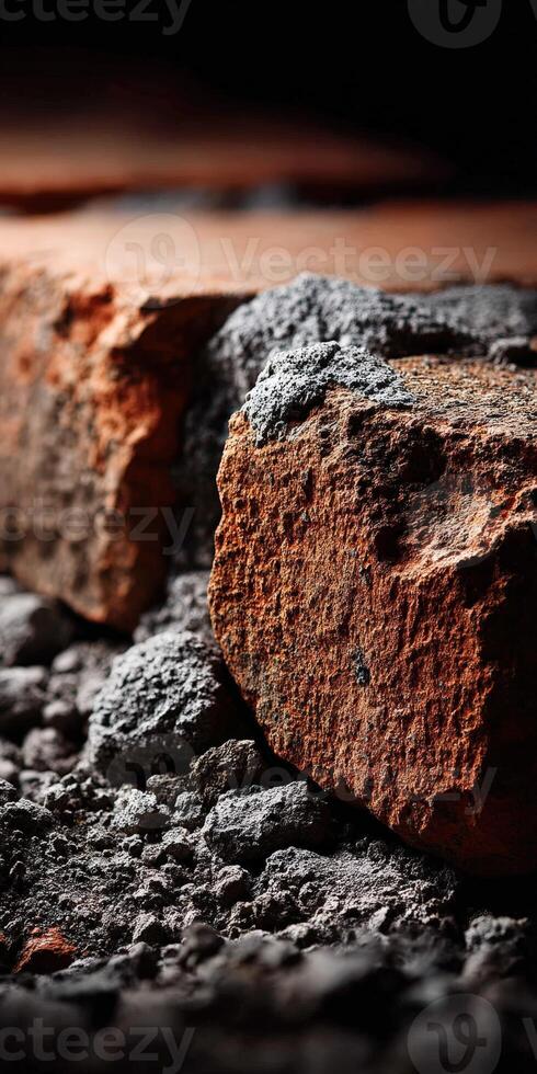 A close up of a brick wall with some dirt photo